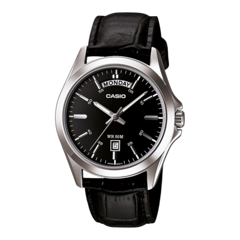 Чоловічий годинник CASIO MTP-1370L-1A Data Day сріблястий з чорним циферблатом на шкіряному ремінці MTP-1370L-1A фото