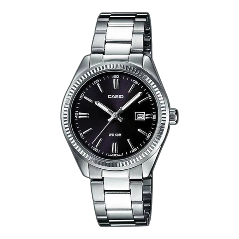 Жіночий годинник CASIO LTP-1302D-1A1VEF прямокутний сріблястий з чорним циферблатом LTP-1302D-1A1VEF фото