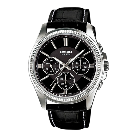 Чоловічий годинник CASIO MTP-1375L-1AVDF з хронографом та чорним циферблатом на шкіряному ремінці MTP-1375L-1AVDF фото