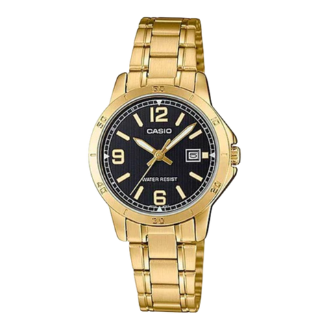 Жіночий годинник CASIO LTP-V004G-1B золотисті з чорним циферблатом та цифрами LTP-V004G-1B фото