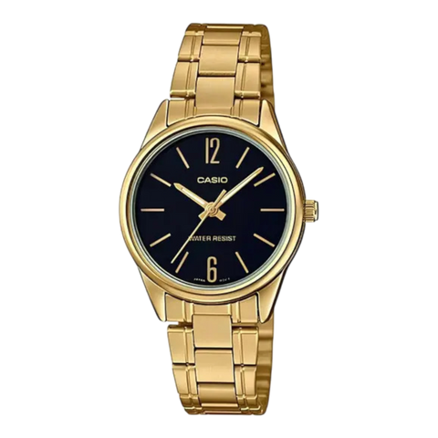 Жіночий годинник CASIO LTP-V005G-1BUDF золотисті з чорним циферблатом та цифрами LTP-V005G-1BUDF фото