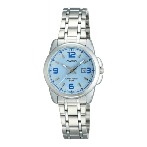 Жіночий годинник CASIO LTP-1314D-2AVDF сріблясті з блакитним циферблатом та цифрами LTP-1314D-2AVDF фото