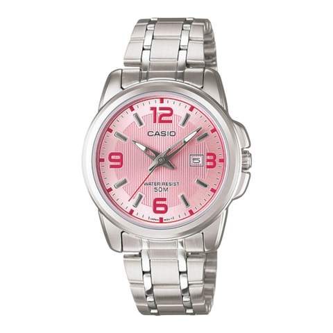 Жіночий годинник CASIO LTP-1314D-4AVDF сріблясті з рожевим циферблатом та цифрами LTP-1314D-4AVDF фото