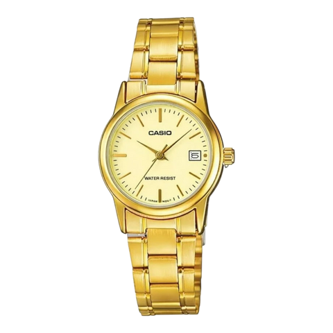Жіночий годинник CASIO LTP-V002G-9A золотисті з золотистим циферблатом та датою LTP-V002G-9A фото