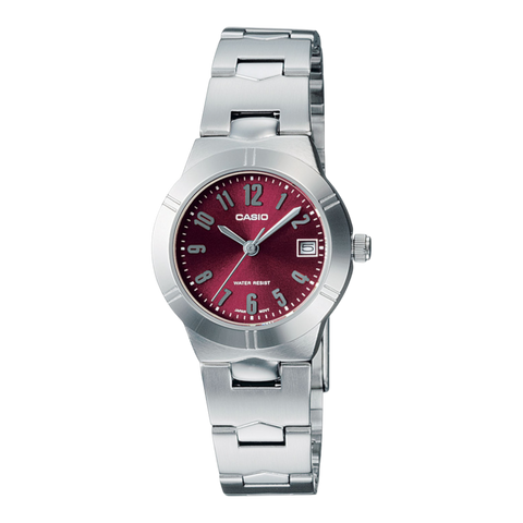 Жіночий годинник CASIO LTP-1241D-4A2DF сріблястий з бордовим циферблатом та цифрами LTP-1241D-4A2DF фото