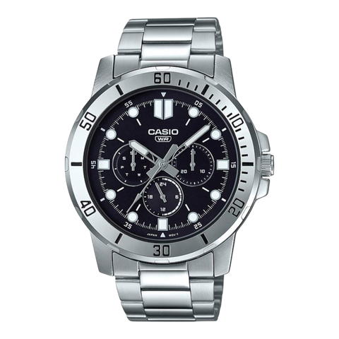 Чоловічий годинник CASIO MTP-VD300D-1E масивний сріблястий з хронографом чорний циферблат WR 50 MTP-VD300D-1E фото