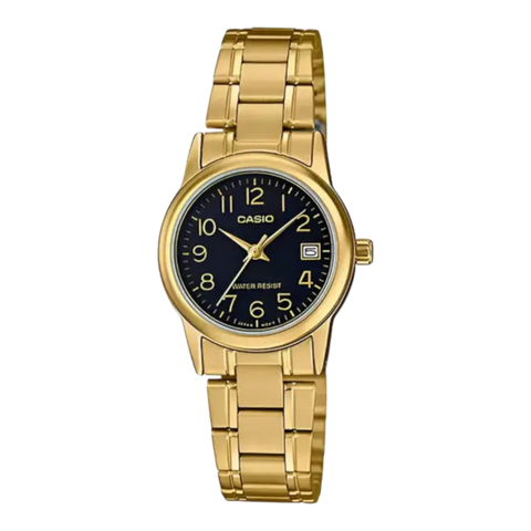 Жіночий годинник CASIO LTP-V002G-1BUDF золотисті з чорним циферблатом та цифрами LTP-V002G-1BUDF фото