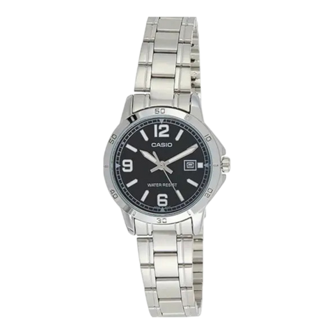 Жіночий годинник CASIO LTP-V004D-1B2UDF сріблястий з чорним циферблатом та цифрами LTP-V004D-1B2UDF фото