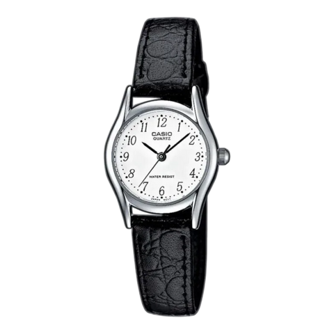 Жіночий годинник CASIO LTP-1094E-7B сріблясті з білим циферблатом з цифрами на шкіряному ремінці LTP-1094E-7B фото