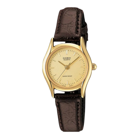 Жіночий годинник CASIO LTP-1094Q-9A золотисті шкіряним коричневим ремінцем LTP-1094Q-9A фото