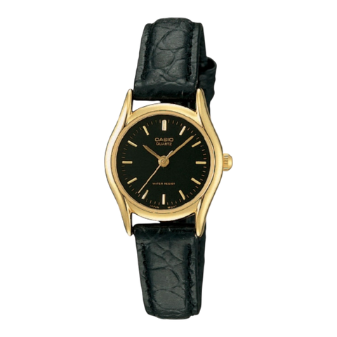 Жіночий годинник CASIO LTP-1094Q-1A золотисті з чорним циферблатом та шкіряним ремінцем LTP-1094Q-1A фото